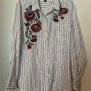 Style & Co. White and Blue Striped Shirt with Red Floral Embroidery